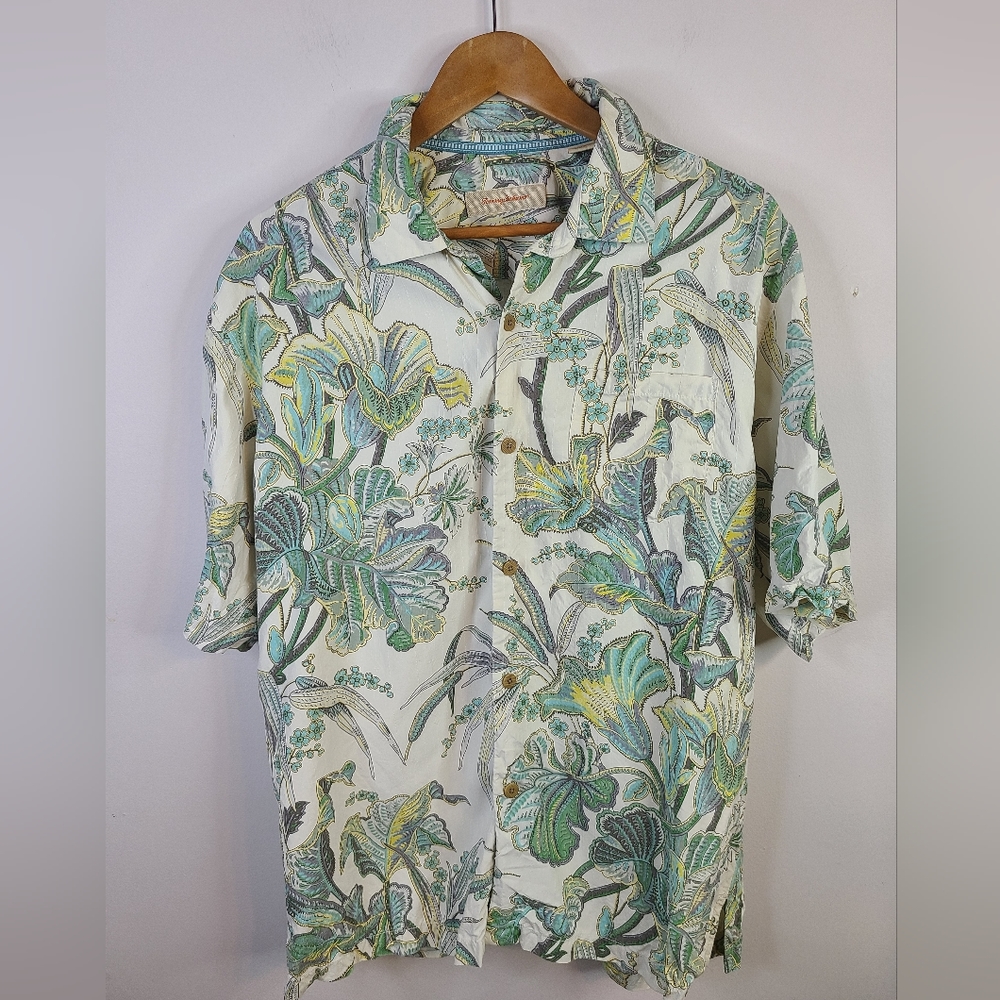 Tommy Bahama - Hawaiian Silk Button Down - SIZE L - Floral Green Blue White